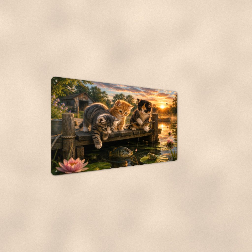 Kittens Fishing off the Dock aluminum metal sign 12" x 8" - angled wall view from a wider angle