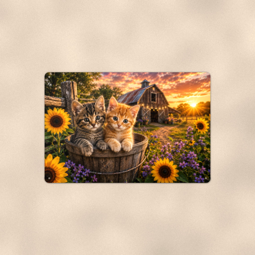 Kittens in the Sunflower Barrel aluminum metal sign 12" x 8" - front view on warm wall