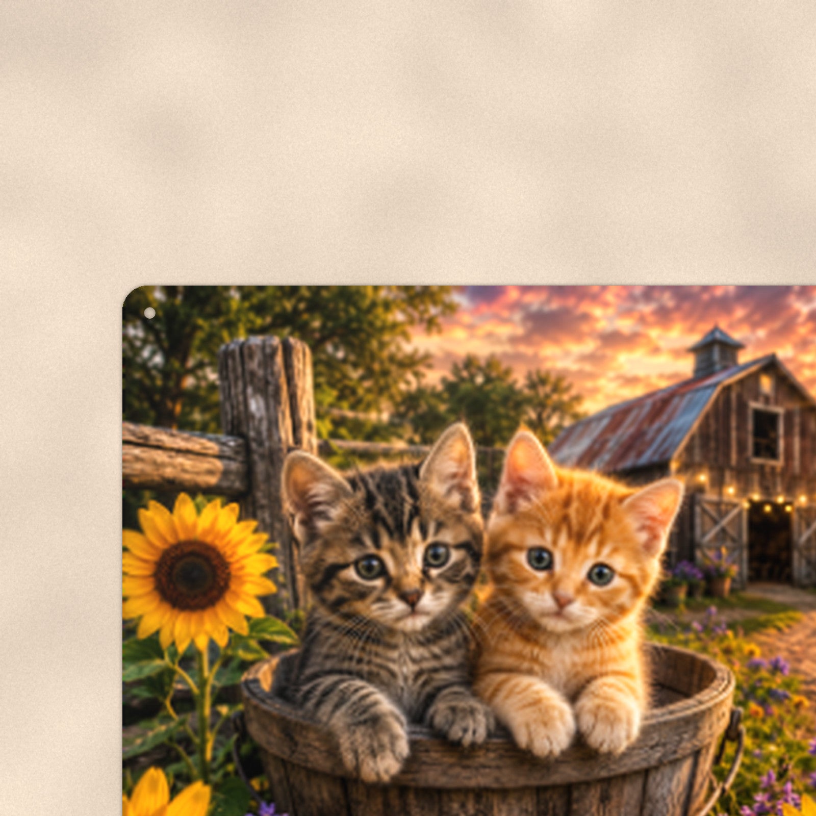 Kittens in the Sunflower Barrel aluminum metal sign 12" x 8" - close-up view of the printed artwork