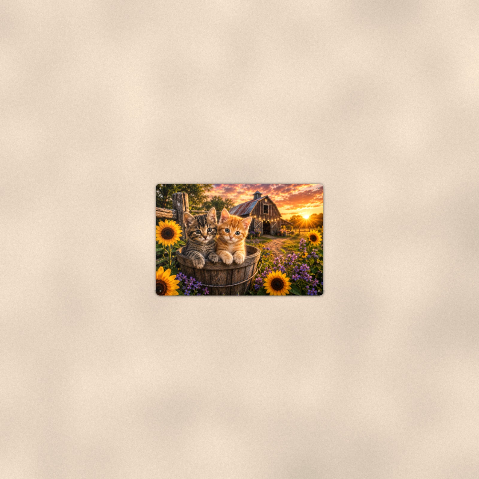 Kittens in the Sunflower Barrel aluminum metal sign 12" x 8" - room view on warm wall