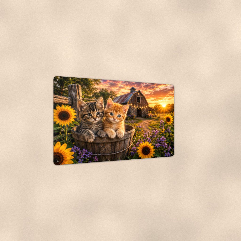 Kittens in the Sunflower Barrel aluminum metal sign 12" x 8" - angled view showing glossy finish