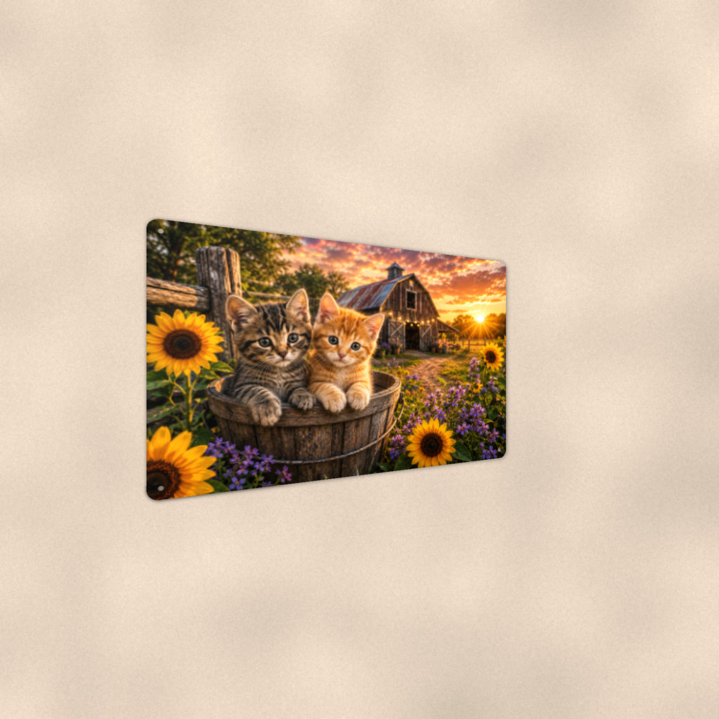 Kittens in the Sunflower Barrel aluminum metal sign 12" x 8" - angled wall view from a wider angle