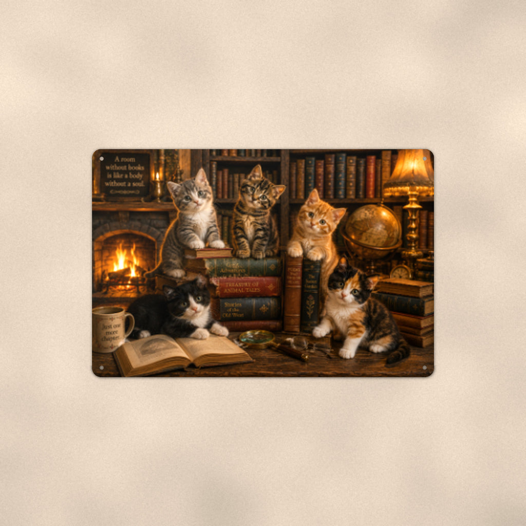 Library Cats by the Fire aluminum metal sign 12" x 8" - front view on warm wall