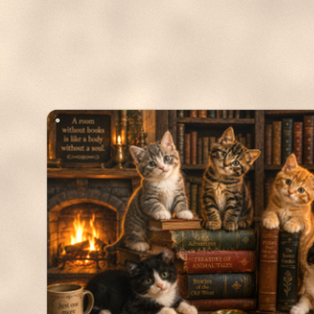 Library Cats by the Fire aluminum metal sign 12" x 8" - close-up view of the printed artwork