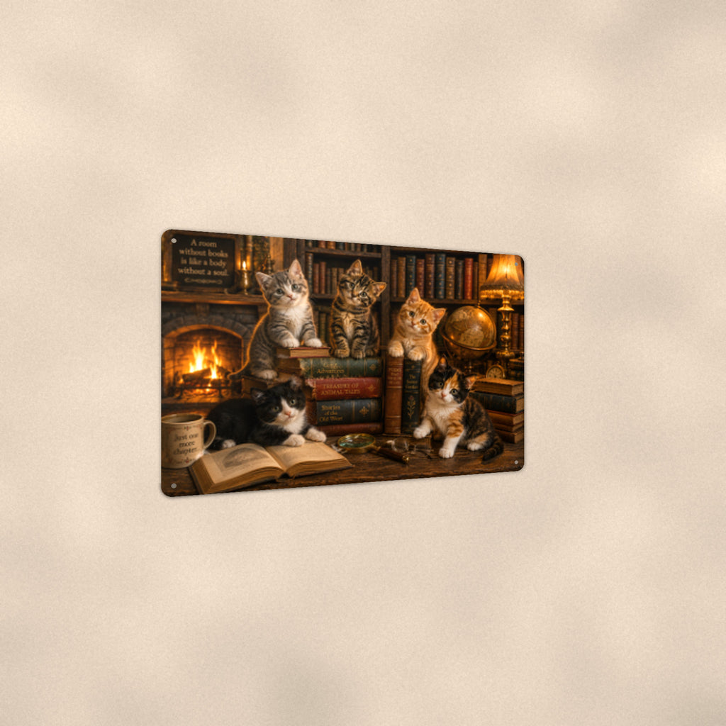 Library Cats by the Fire aluminum metal sign 12" x 8" - angled view showing glossy finish