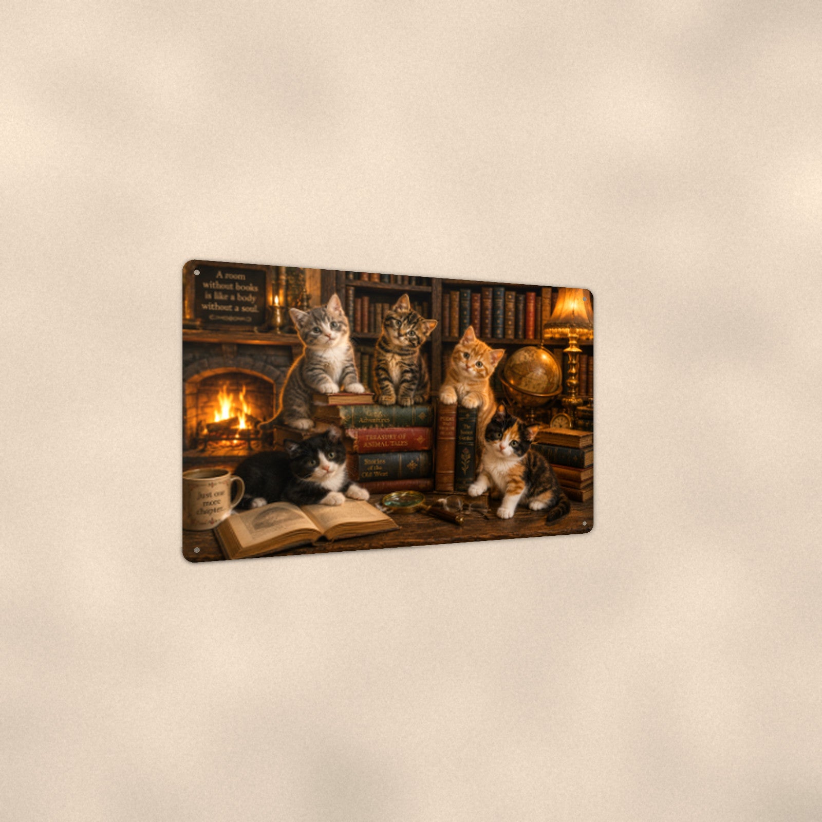 Library Cats by the Fire aluminum metal sign 12" x 8" - angled view showing glossy finish