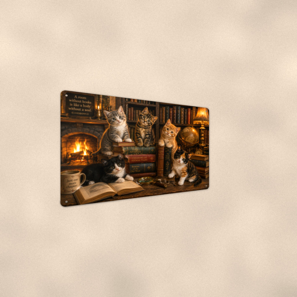 Library Cats by the Fire aluminum metal sign 12" x 8" - angled wall view from a wider angle