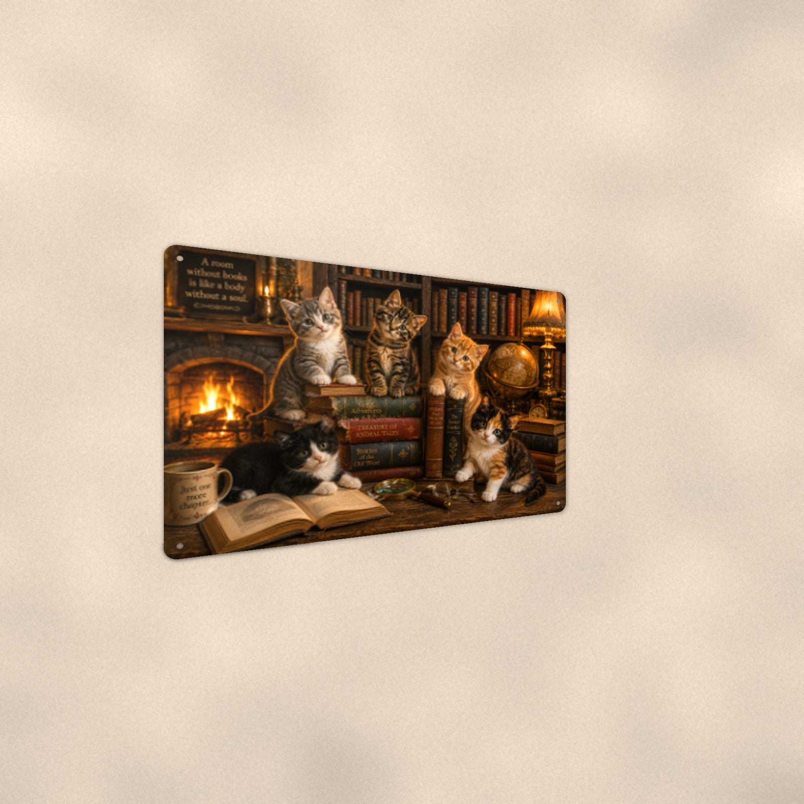 Library Cats by the Fire aluminum metal sign 12" x 8" - angled wall view from a wider angle
