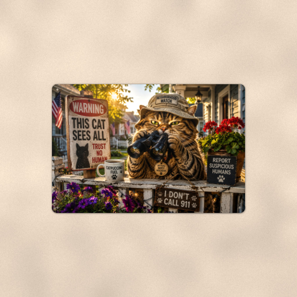 This Cat Sees All aluminum metal sign 12" x 8" - front view on warm wall