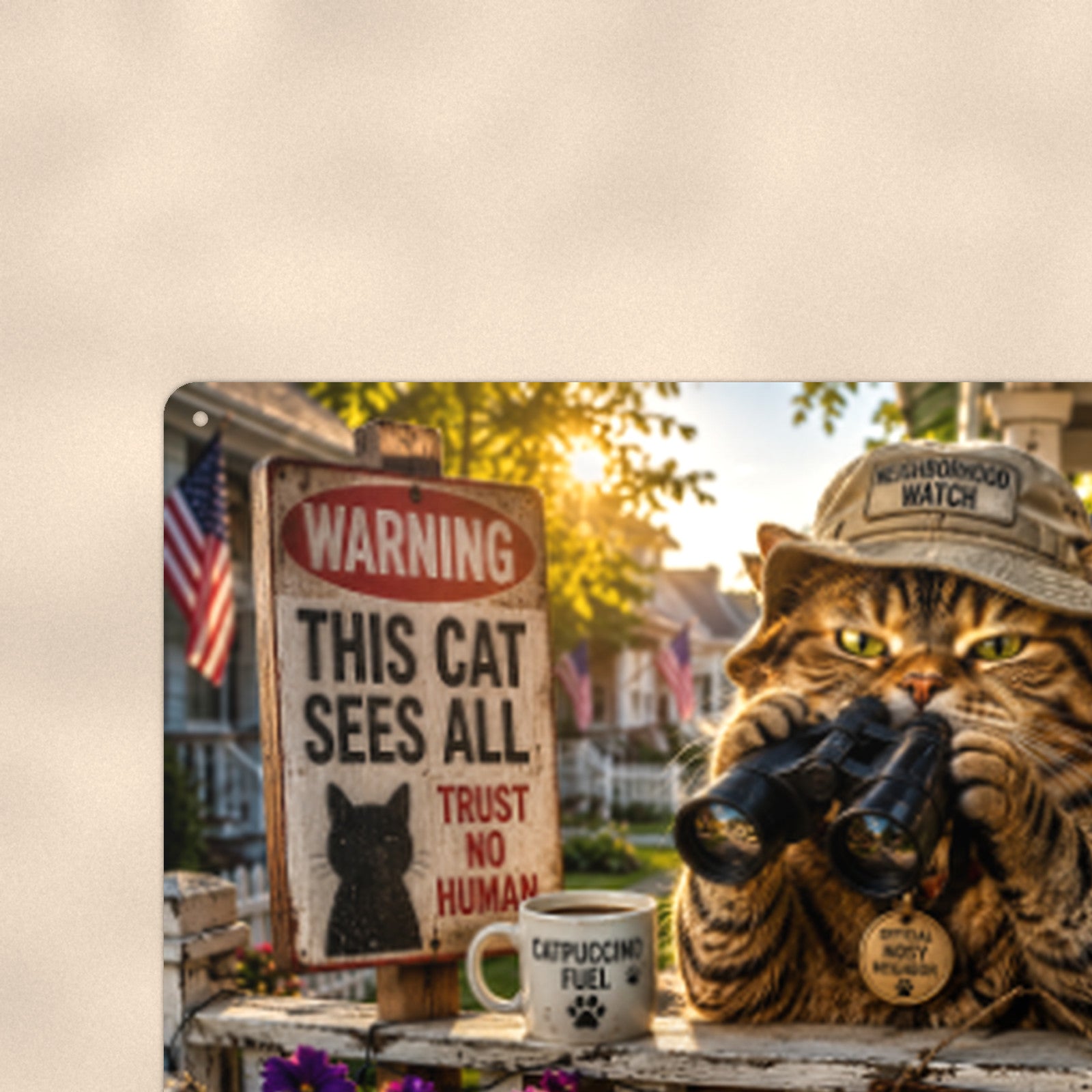 This Cat Sees All aluminum metal sign 12" x 8" - close-up view of the printed artwork