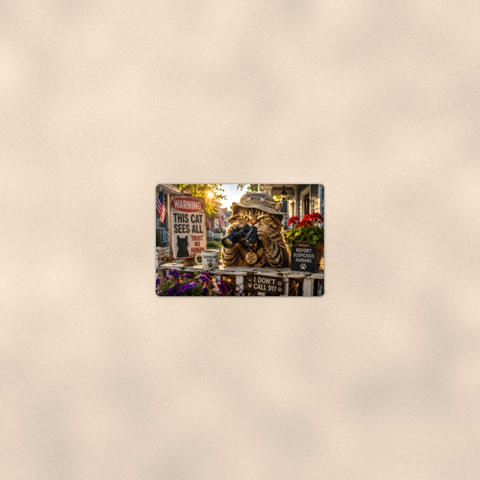 This Cat Sees All aluminum metal sign 12" x 8" - room view on warm wall