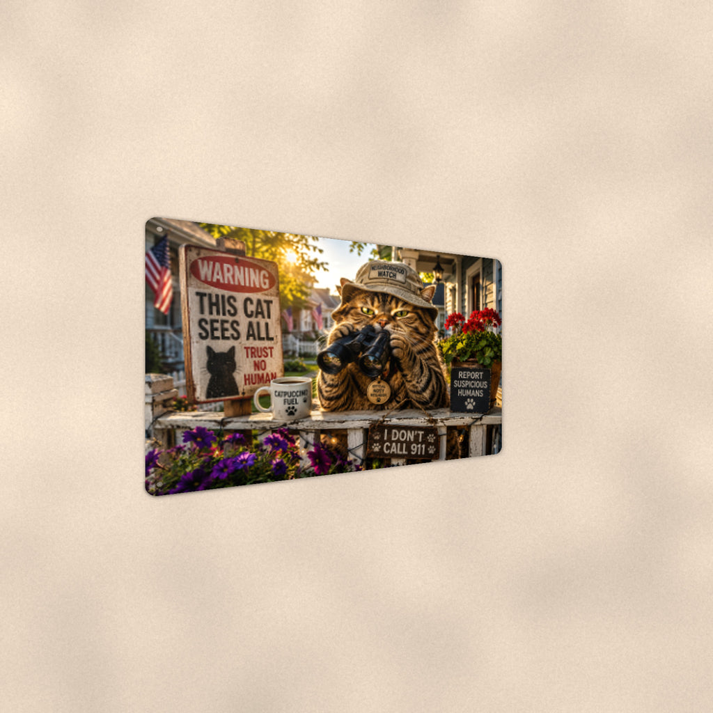 This Cat Sees All aluminum metal sign 12" x 8" - angled wall view from a wider angle