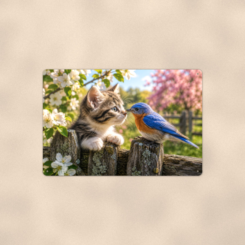 Kitten and Bluebird aluminum metal sign 12" x 8" - front view on warm wall