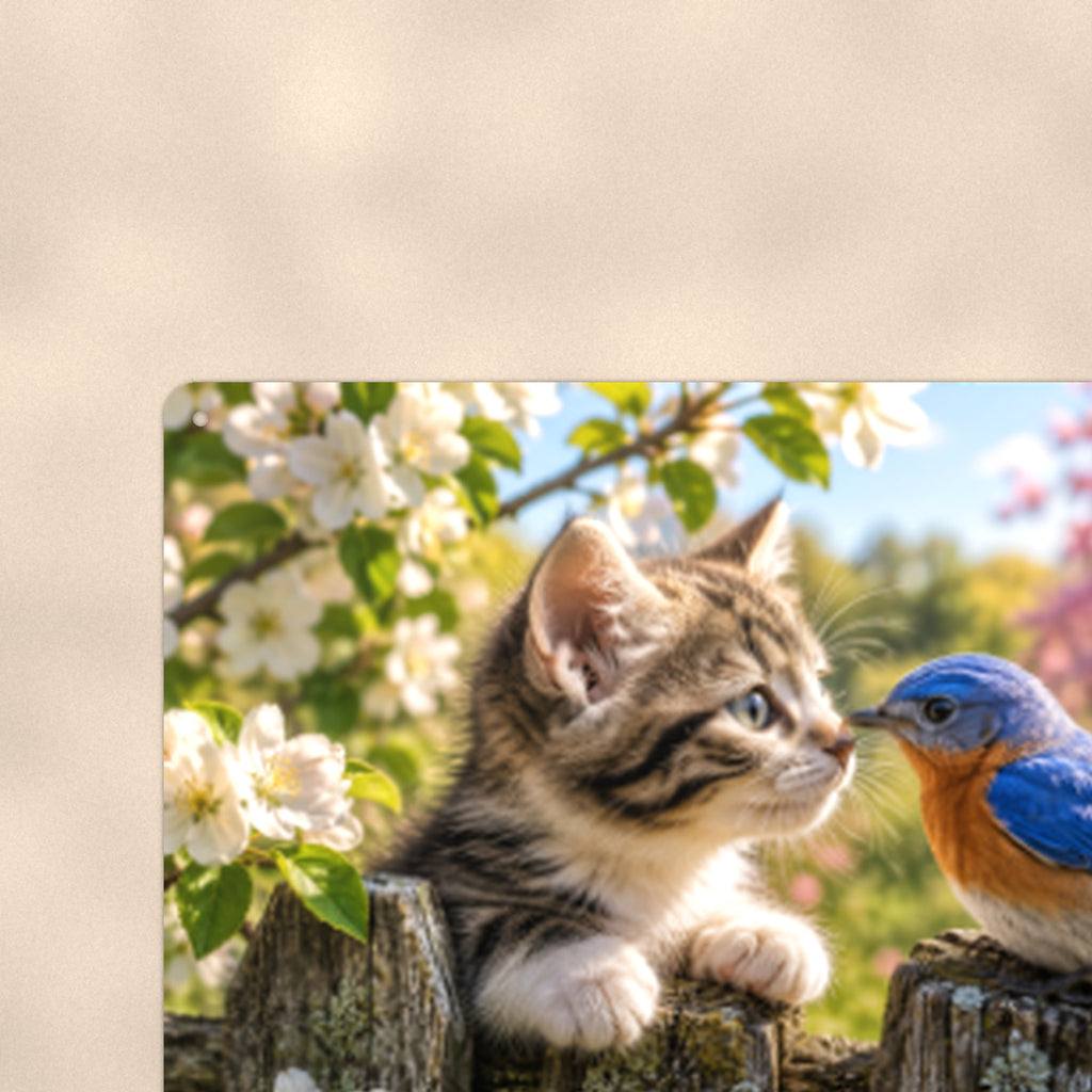 Kitten and Bluebird aluminum metal sign 12" x 8" - close-up view of the printed artwork