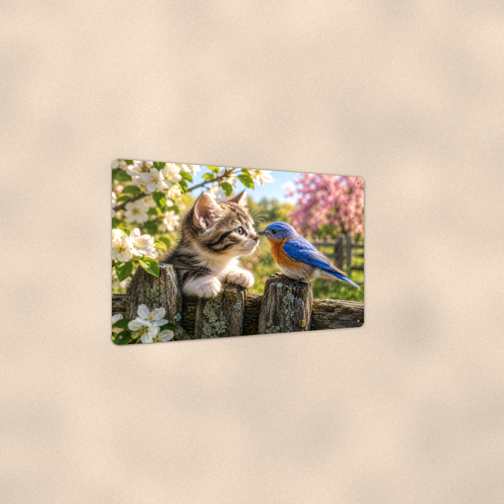 Kitten and Bluebird aluminum metal sign 12" x 8" - angled view showing glossy finish