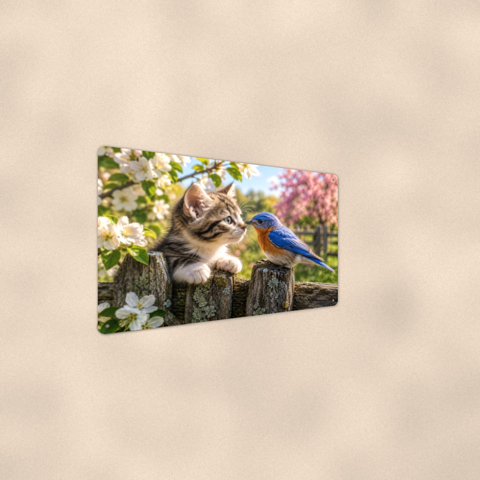 Kitten and Bluebird aluminum metal sign 12" x 8" - angled wall view from a wider angle