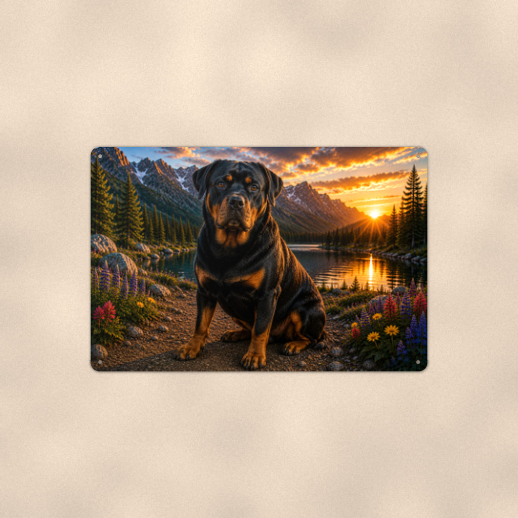 Rottweiler Mountain Sunset aluminum metal sign 12" x 8" - front view on warm wall