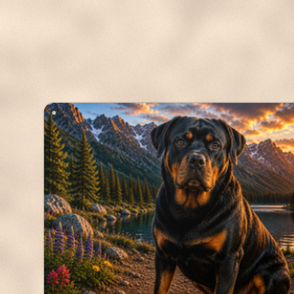 Rottweiler Mountain Sunset aluminum metal sign 12" x 8" - close-up view of the printed artwork