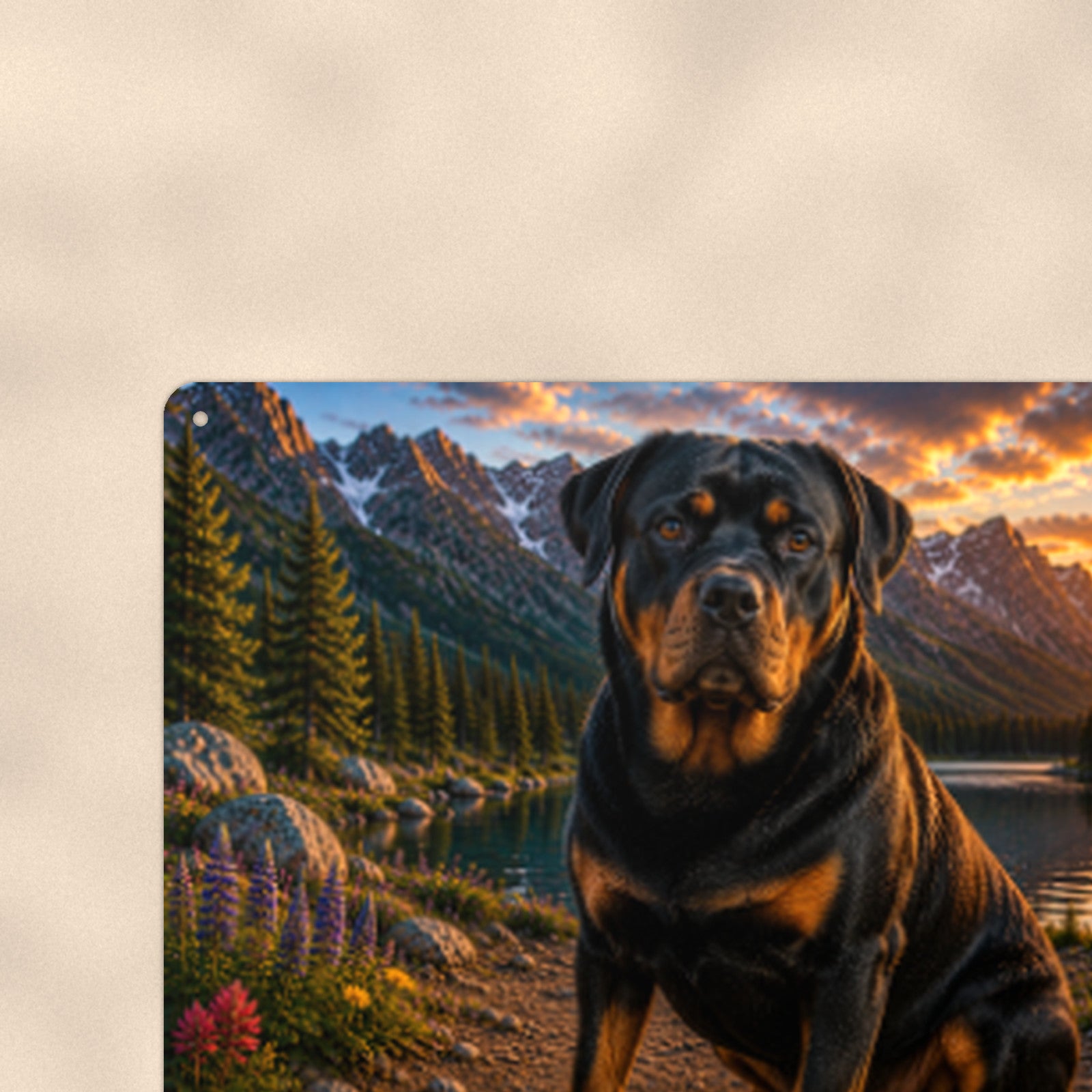 Rottweiler Mountain Sunset aluminum metal sign 12" x 8" - close-up view of the printed artwork