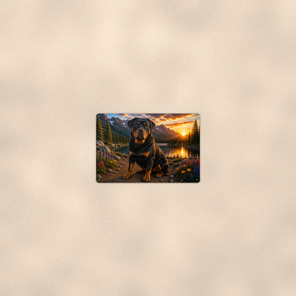 Rottweiler Mountain Sunset aluminum metal sign 12" x 8" - room view on warm wall