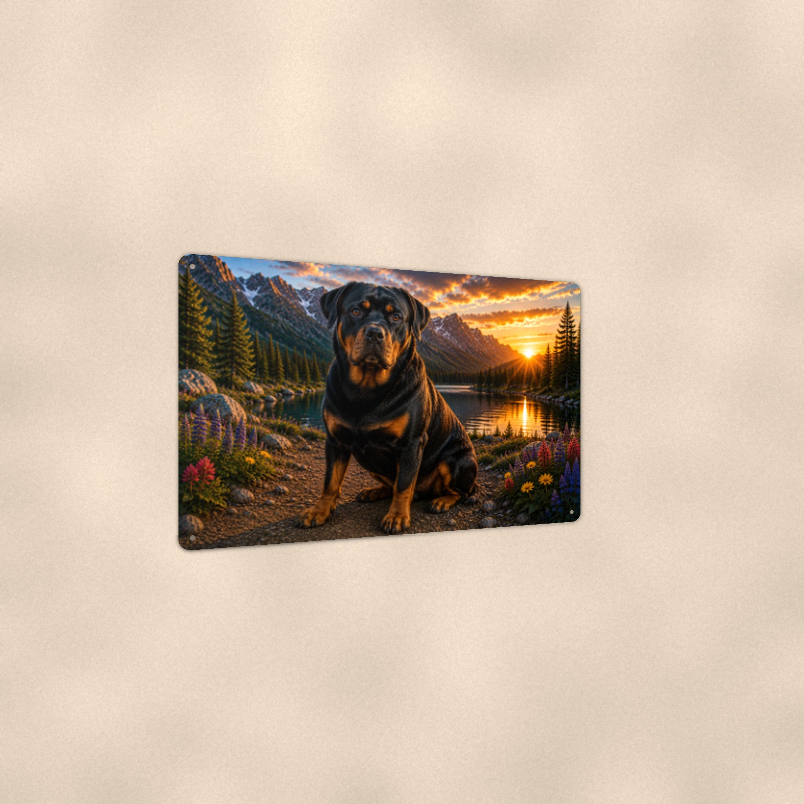 Rottweiler Mountain Sunset aluminum metal sign 12" x 8" - angled view showing glossy finish