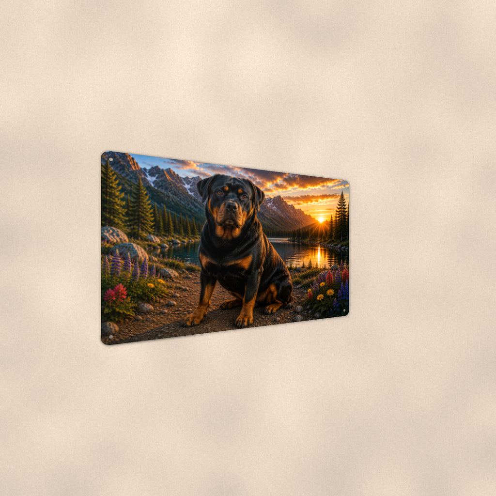 Rottweiler Mountain Sunset aluminum metal sign 12" x 8" - angled wall view from a wider angle
