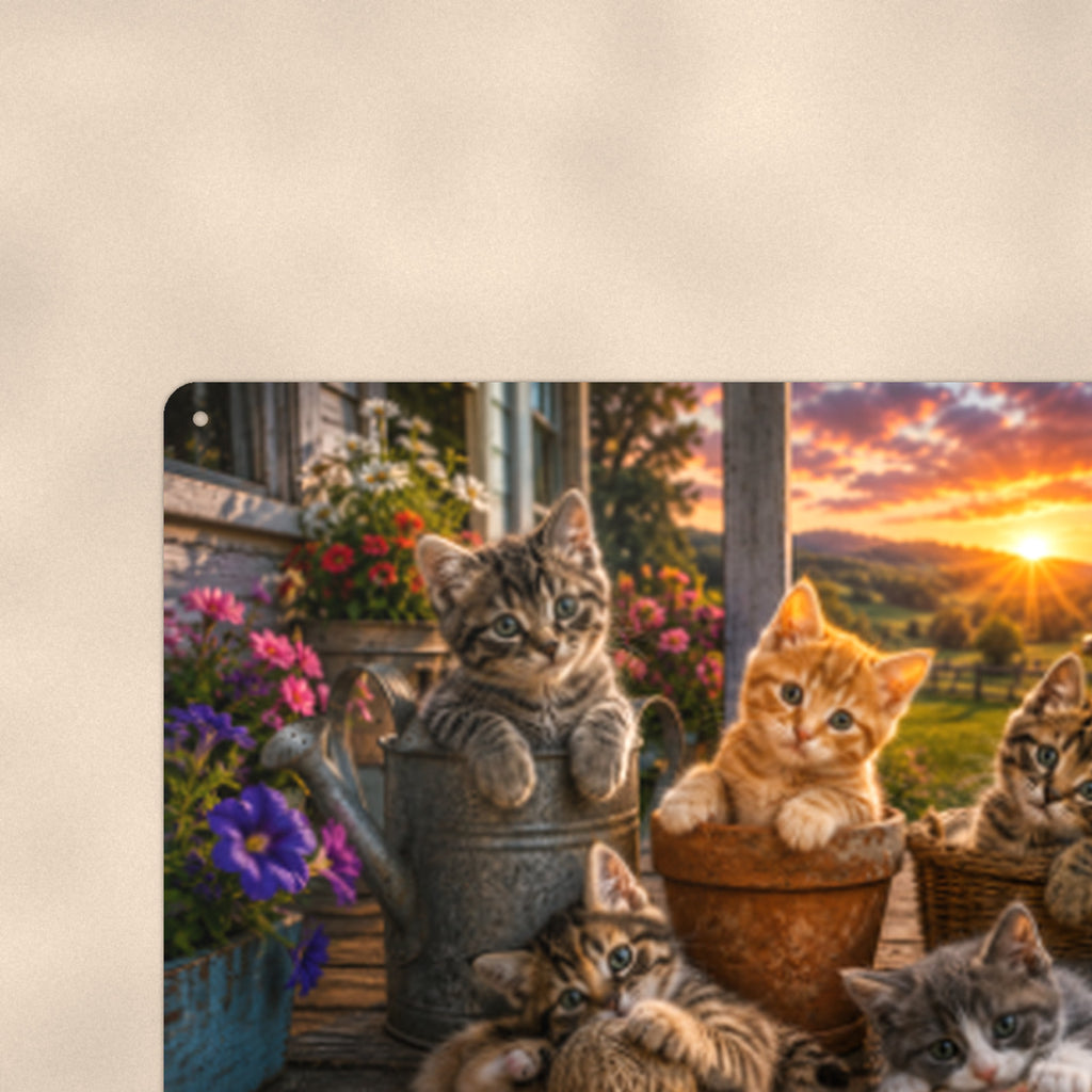 Porch Cats at the Cottage aluminum metal sign 12" x 8" - close-up view of the printed artwork