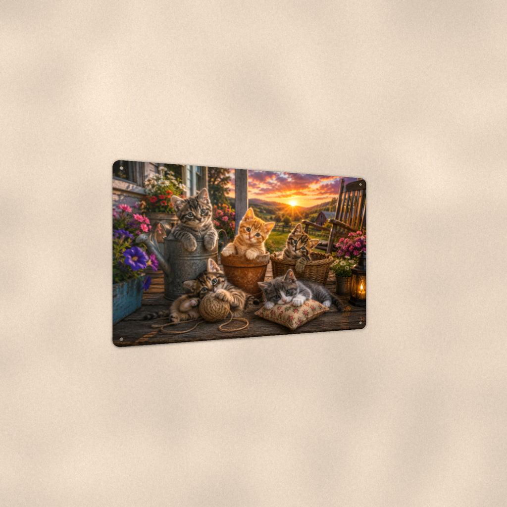 Porch Cats at the Cottage aluminum metal sign 12" x 8" - angled view showing glossy finish