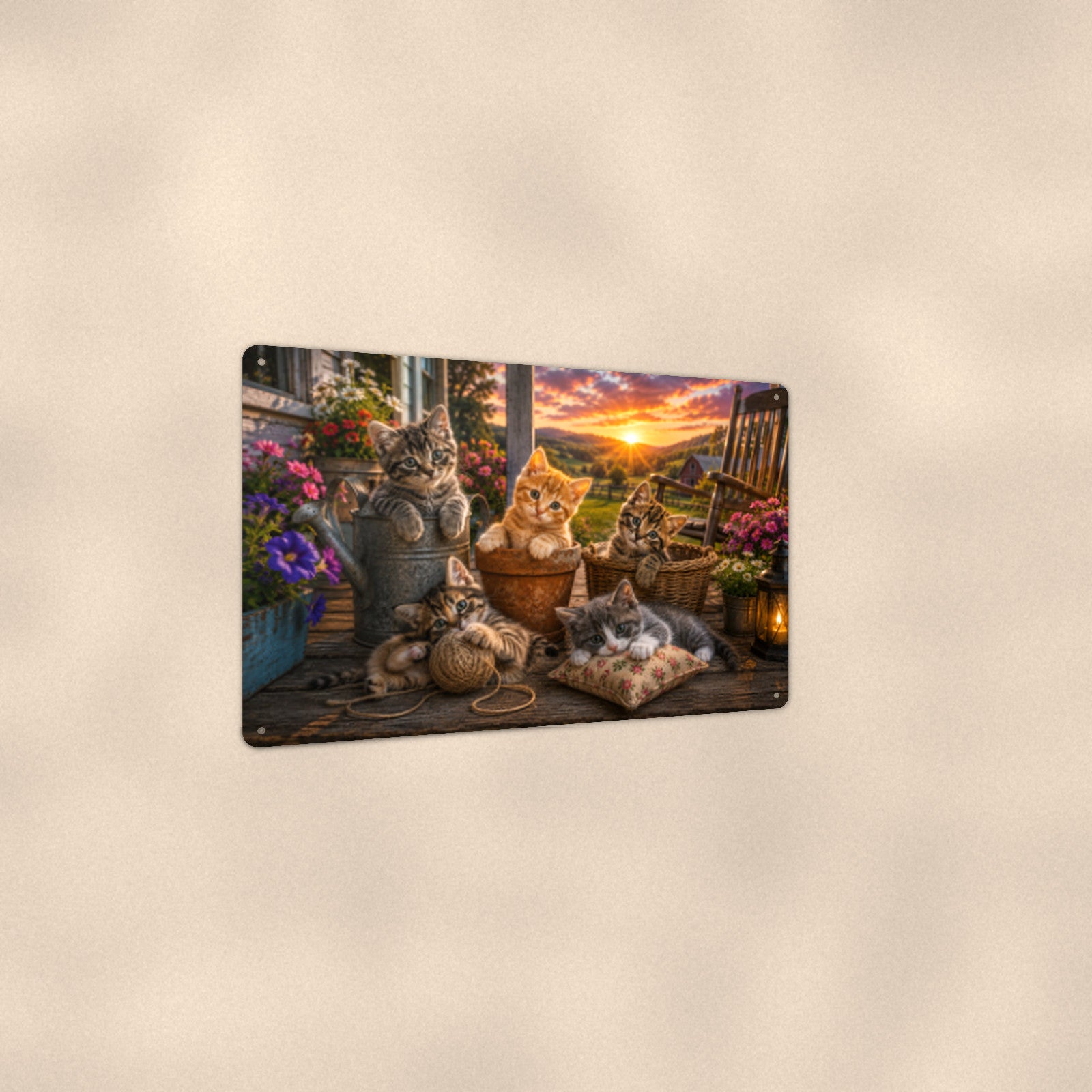 Porch Cats at the Cottage aluminum metal sign 12" x 8" - angled view showing glossy finish