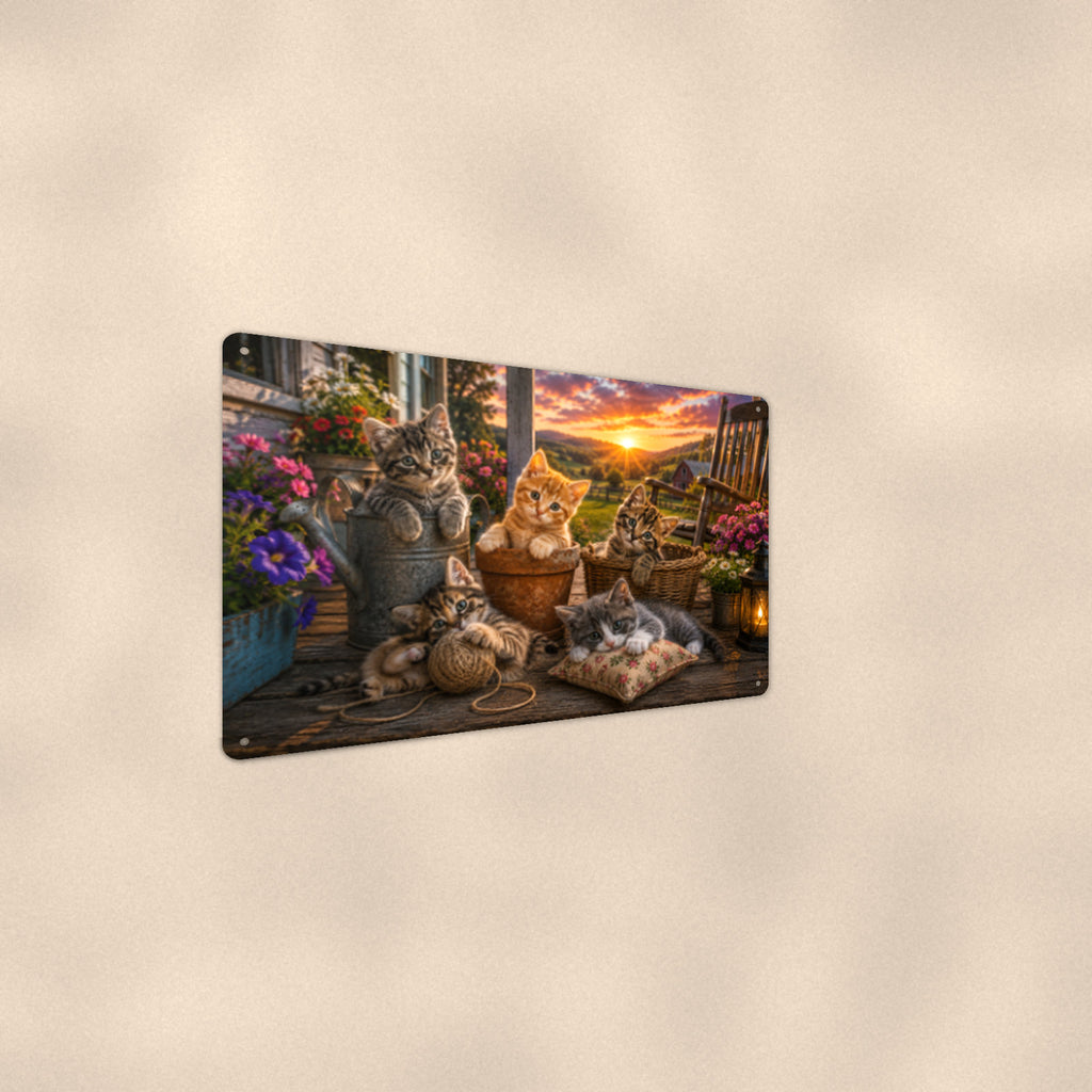 Porch Cats at the Cottage aluminum metal sign 12" x 8" - angled wall view from a wider angle