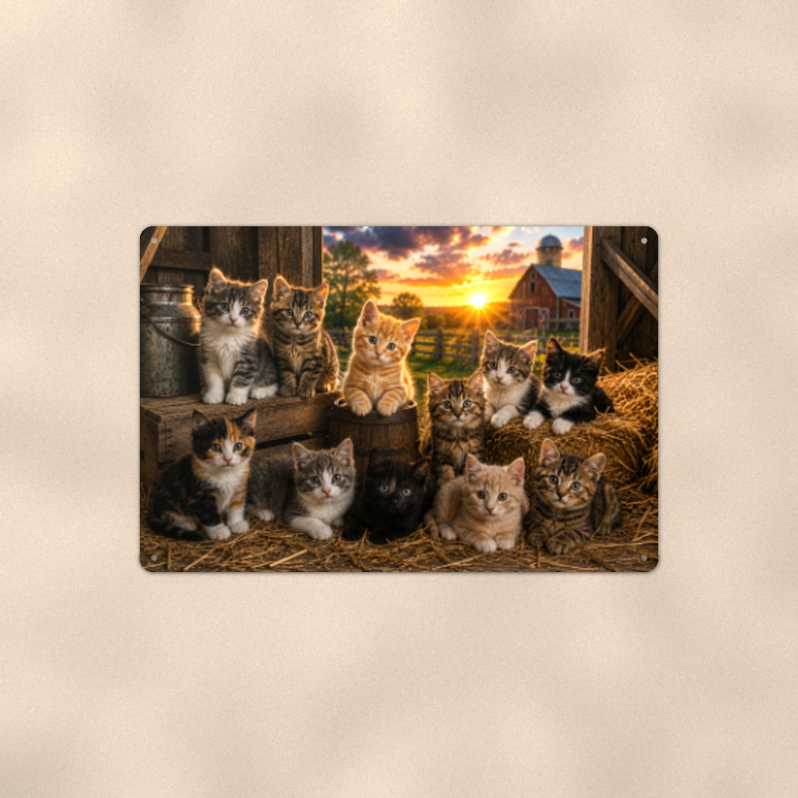 Barn Cats at Sunset aluminum metal sign 12" x 8" - front view on warm wall