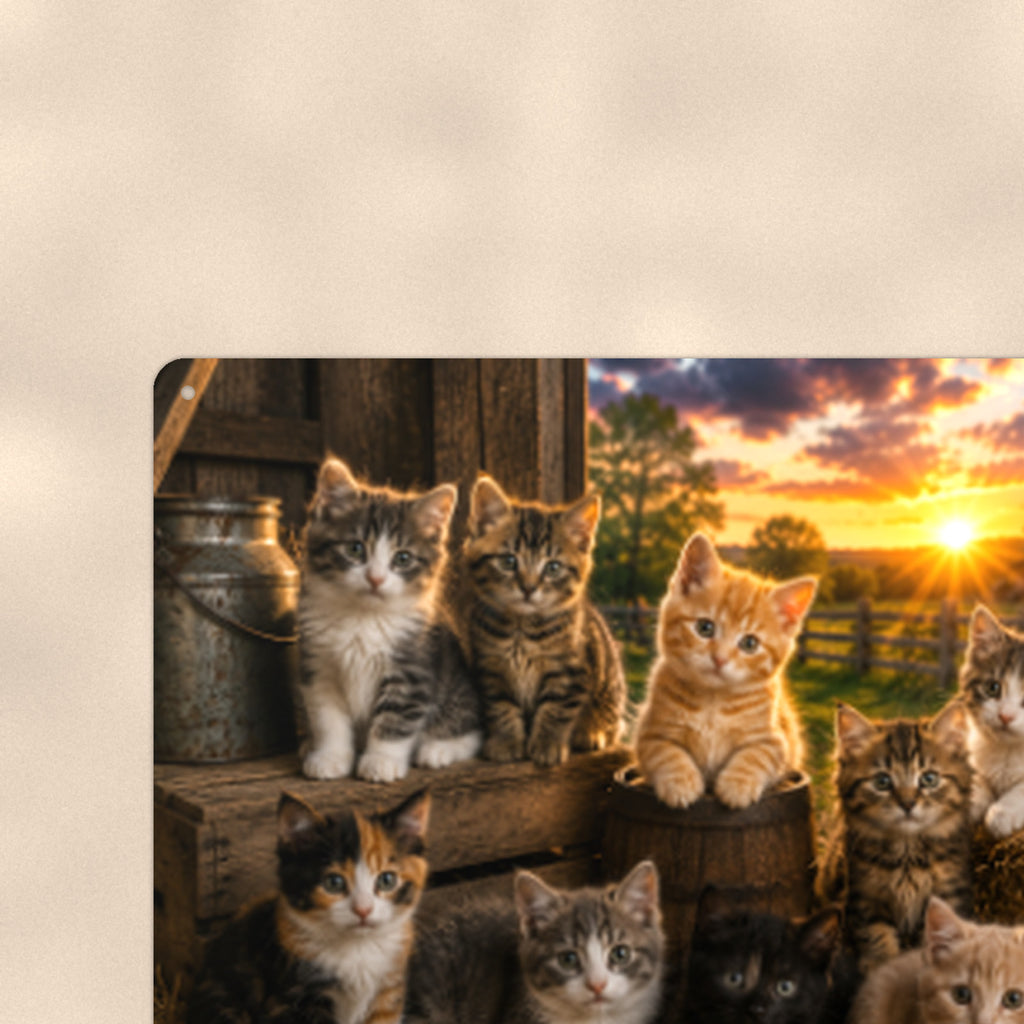 Barn Cats at Sunset aluminum metal sign 12" x 8" - close-up view of the printed artwork