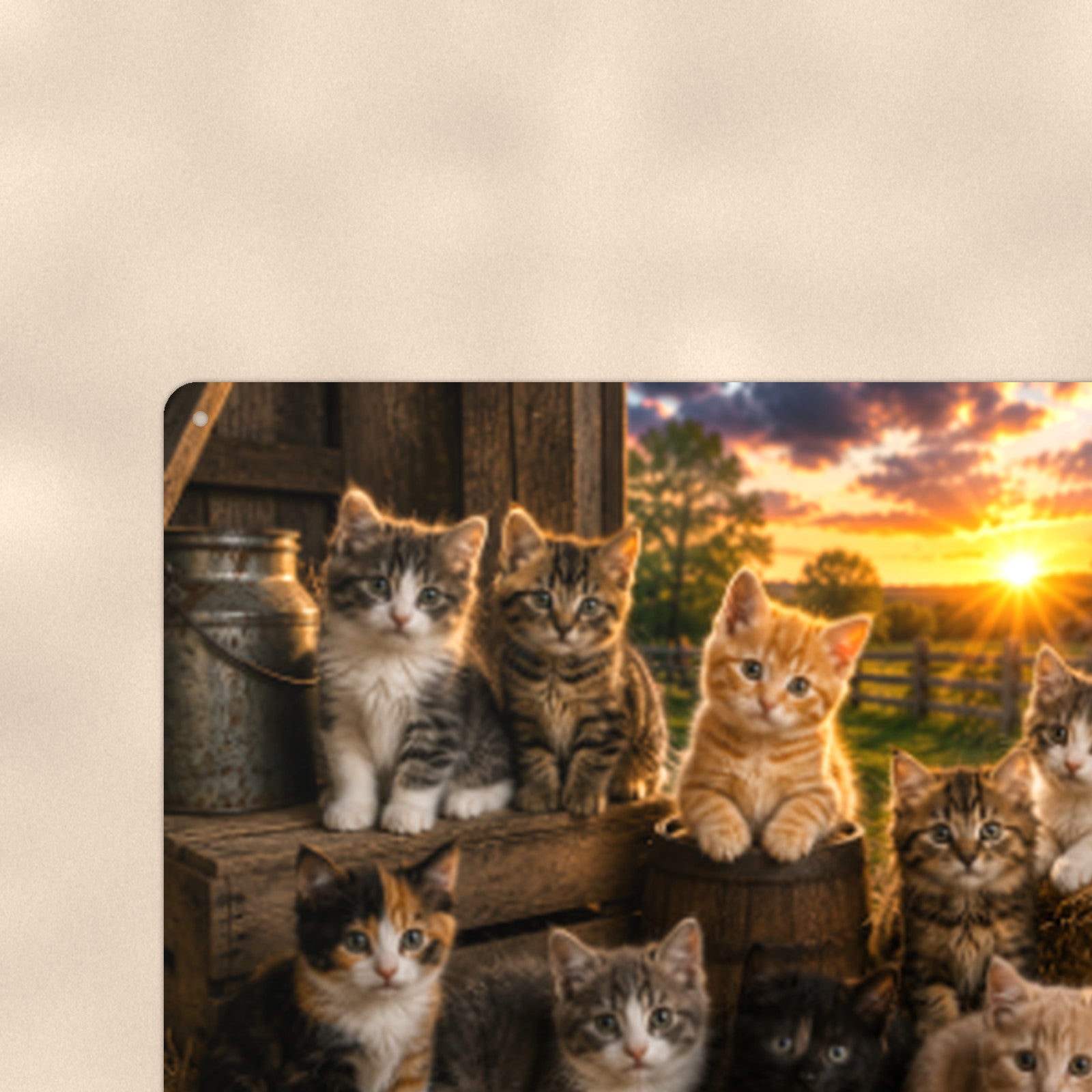 Barn Cats at Sunset aluminum metal sign 12" x 8" - close-up view of the printed artwork