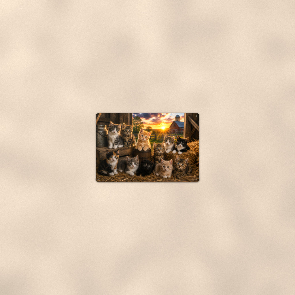 Barn Cats at Sunset aluminum metal sign 12" x 8" - room view on warm wall