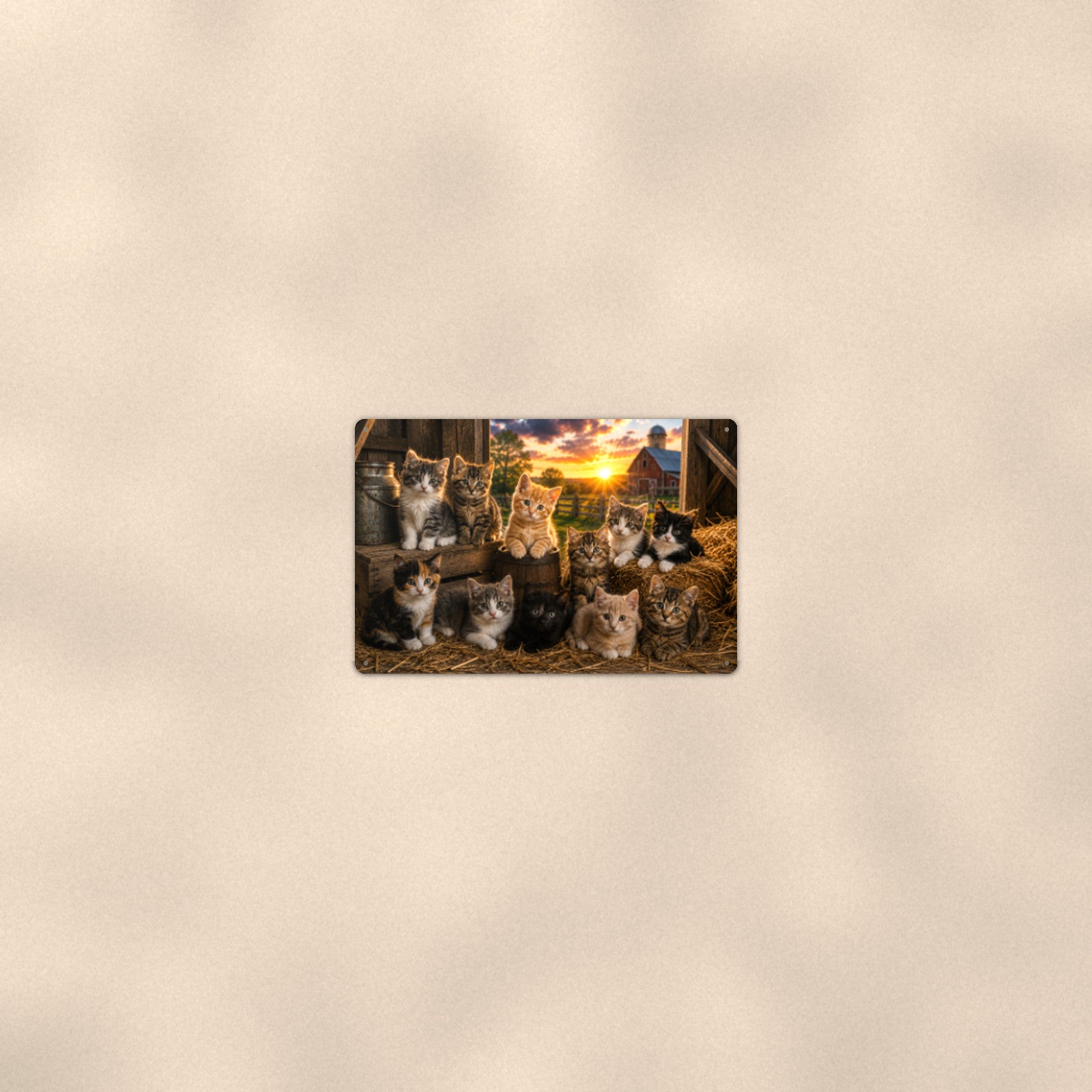 Barn Cats at Sunset aluminum metal sign 12" x 8" - room view on warm wall