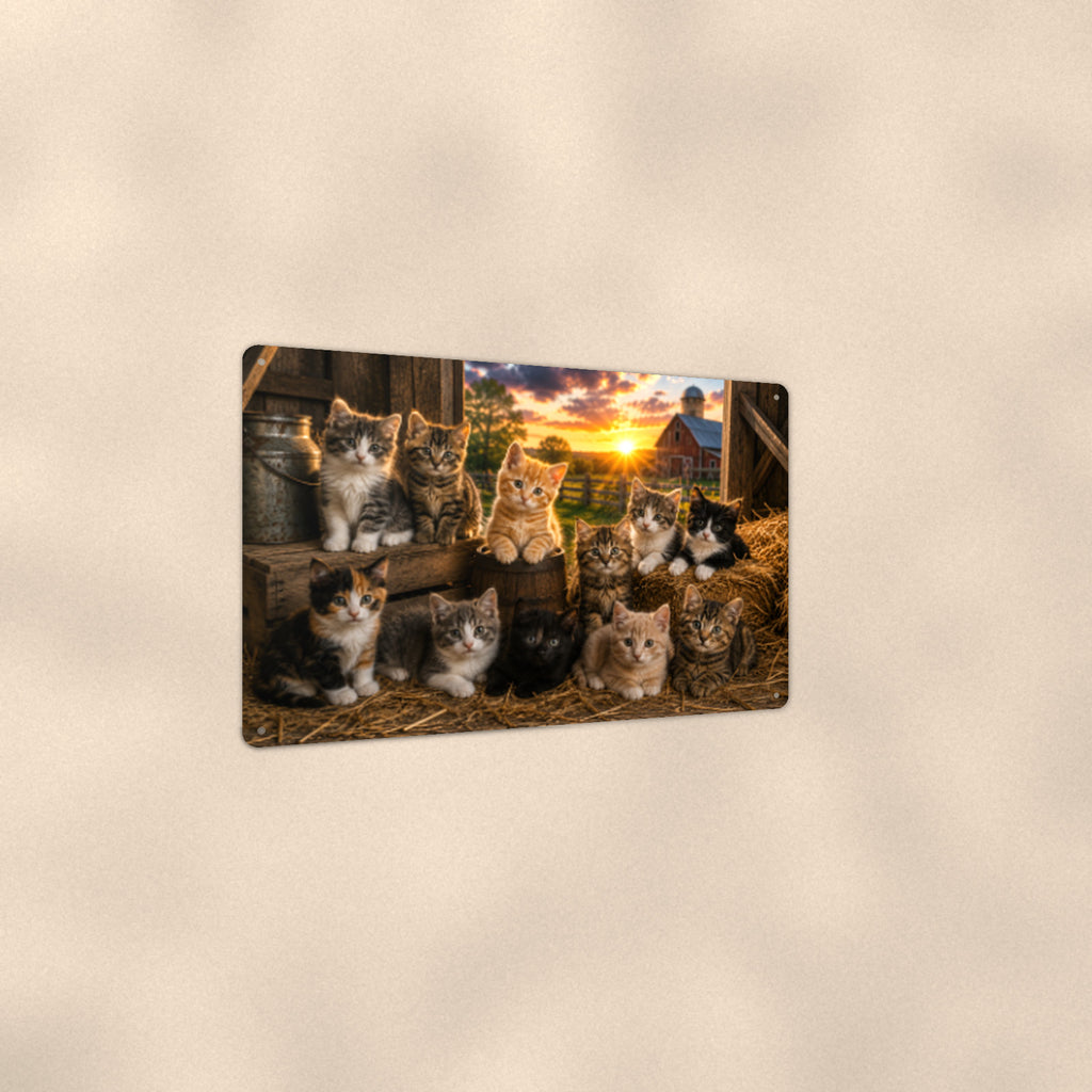 Barn Cats at Sunset aluminum metal sign 12" x 8" - angled view showing glossy finish