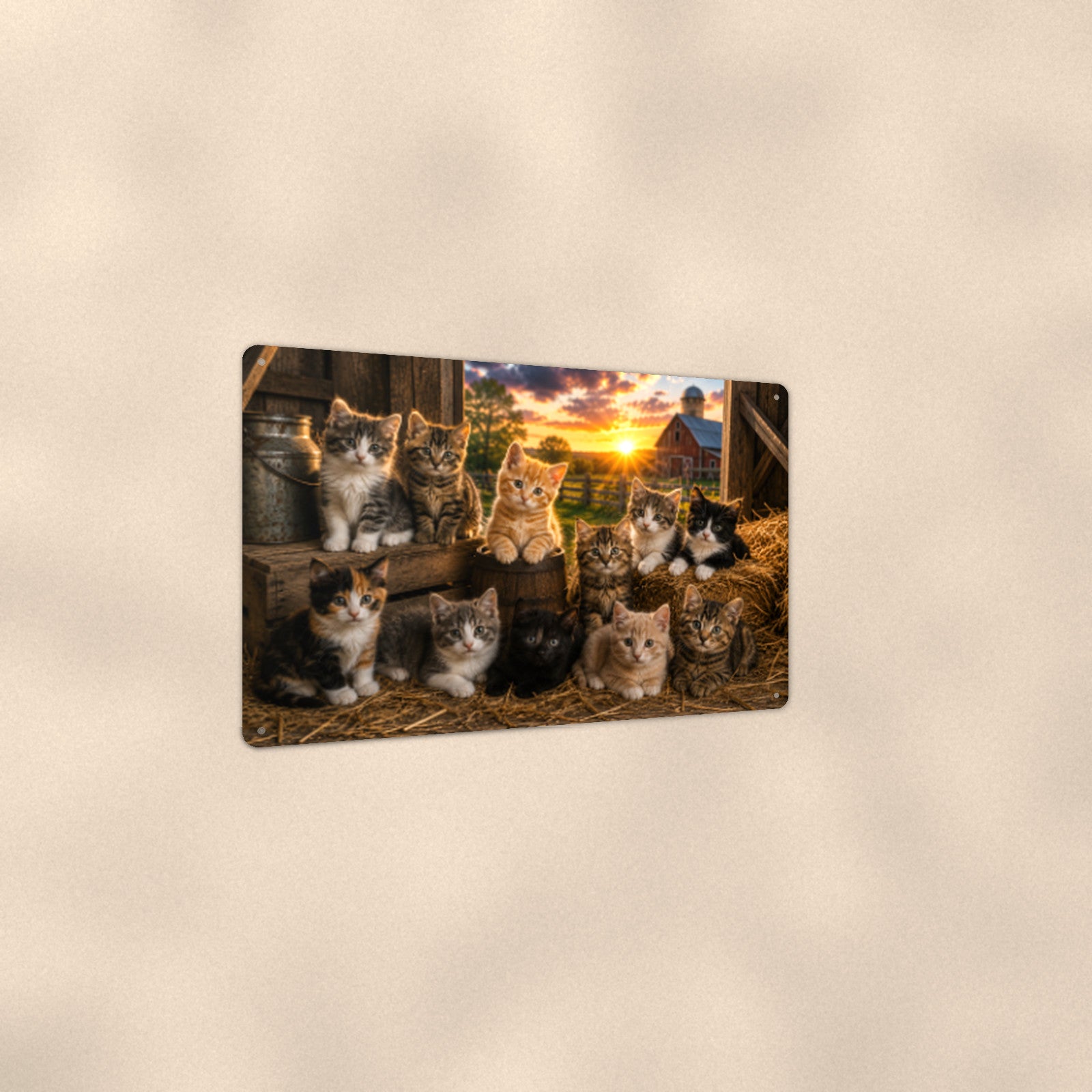 Barn Cats at Sunset aluminum metal sign 12" x 8" - angled view showing glossy finish