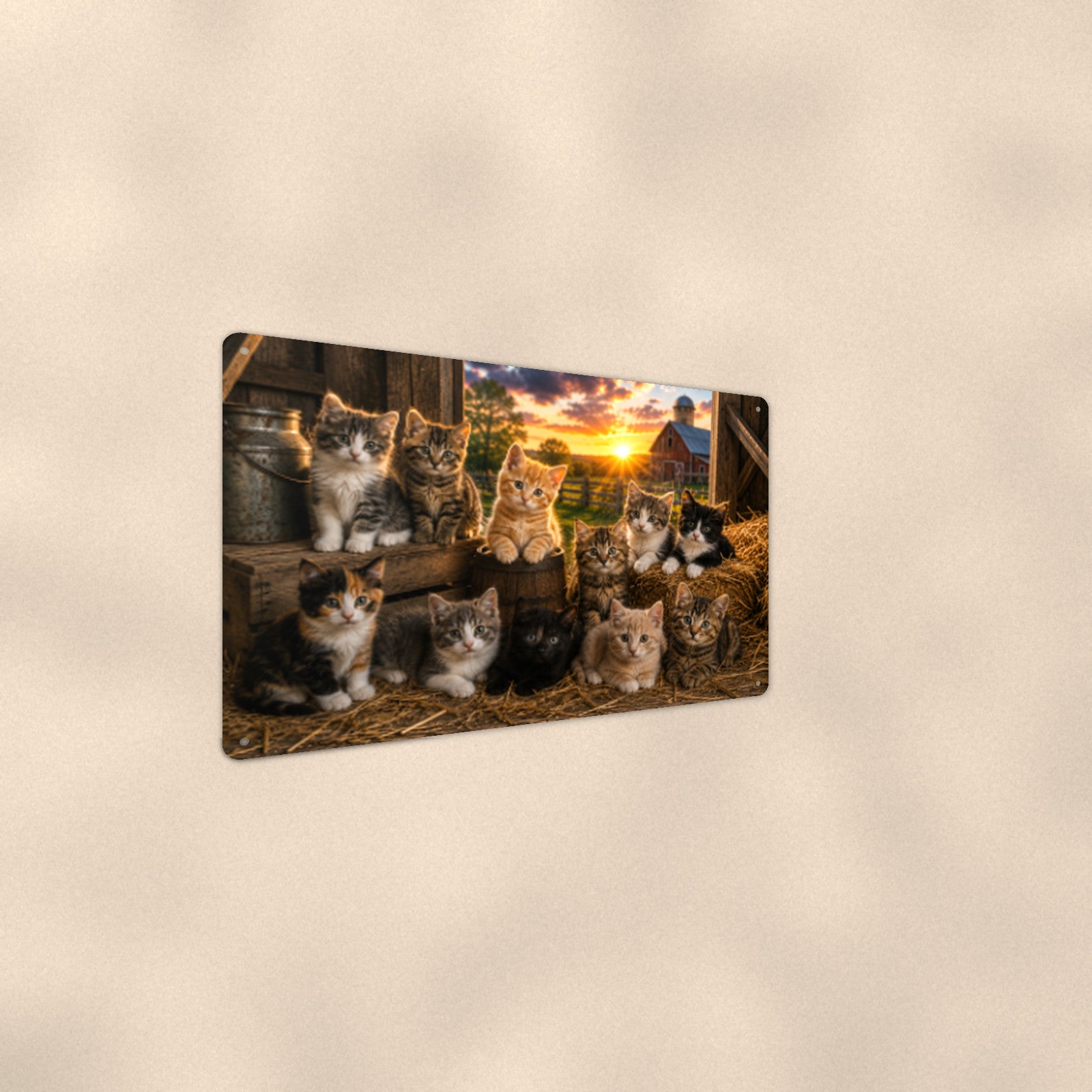 Barn Cats at Sunset aluminum metal sign 12" x 8" - angled wall view from a wider angle