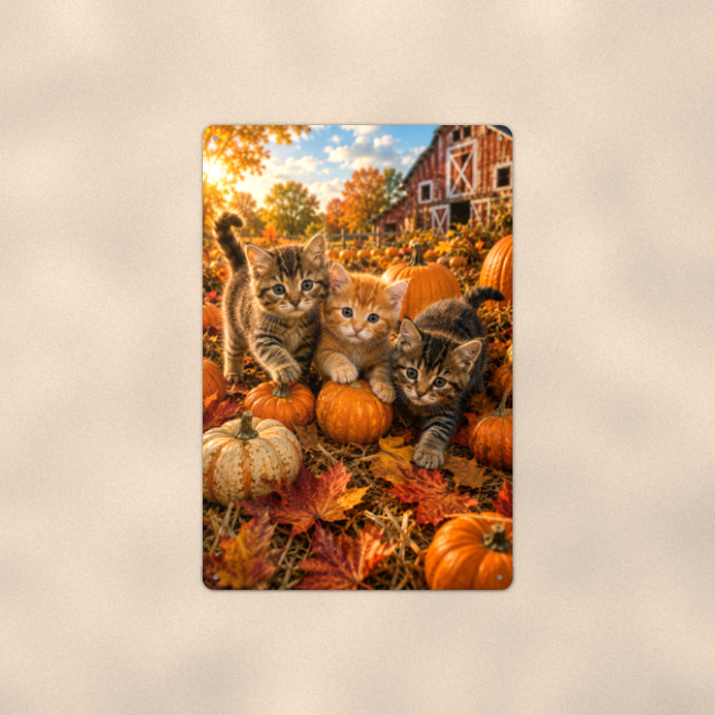 Pumpkin Patch Kittens aluminum metal sign 8" x 12" - front view on warm wall