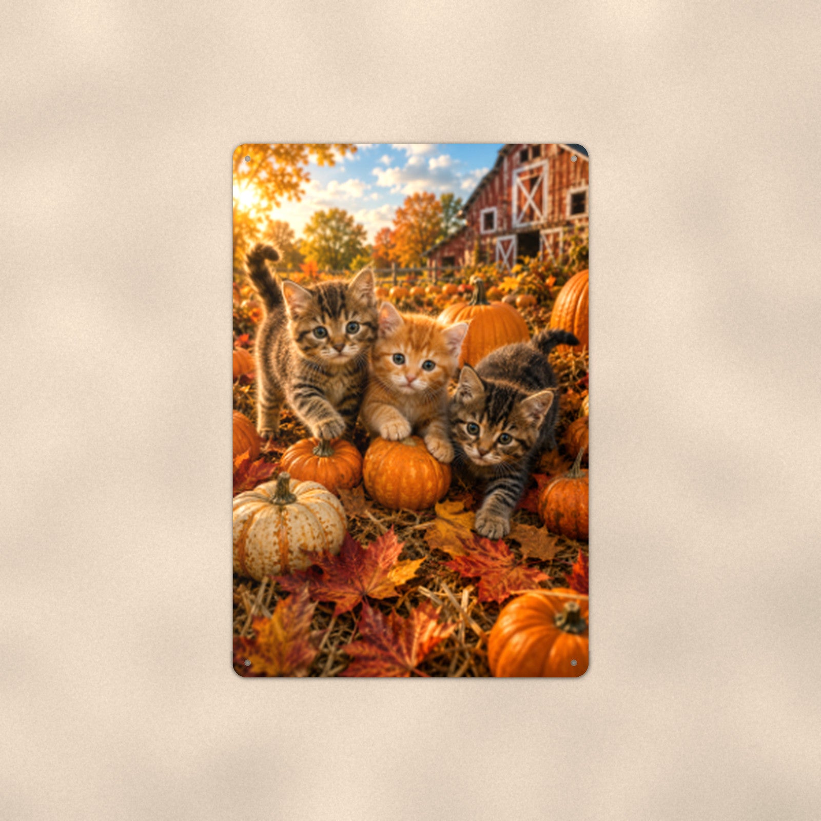 Pumpkin Patch Kittens aluminum metal sign 8" x 12" - front view on warm wall