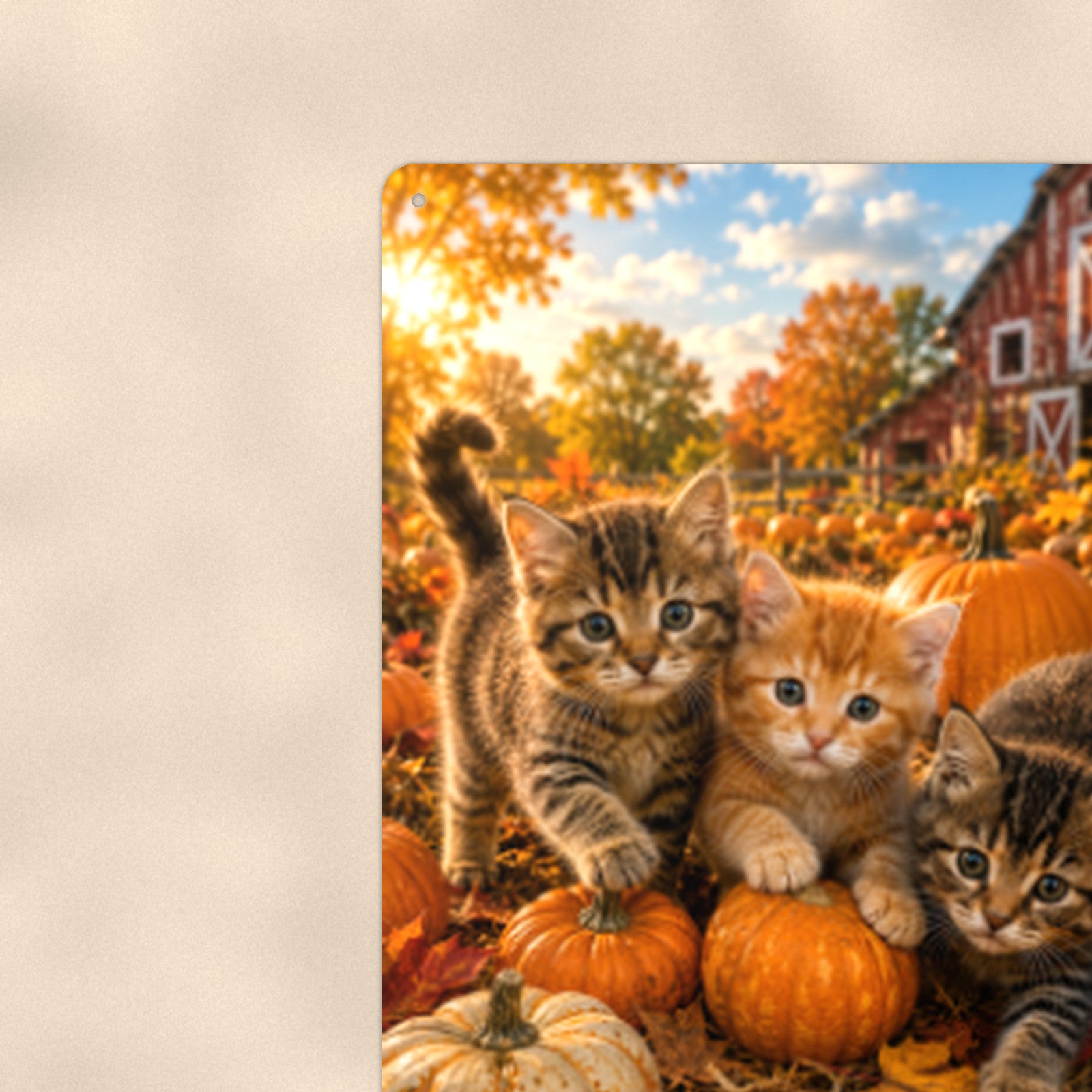 Pumpkin Patch Kittens aluminum metal sign 8" x 12" - close-up view of the printed artwork