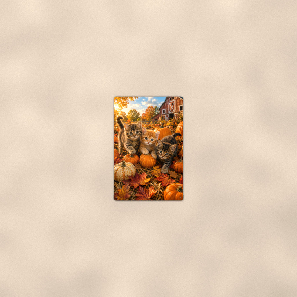 Pumpkin Patch Kittens aluminum metal sign 8" x 12" - room view on warm wall