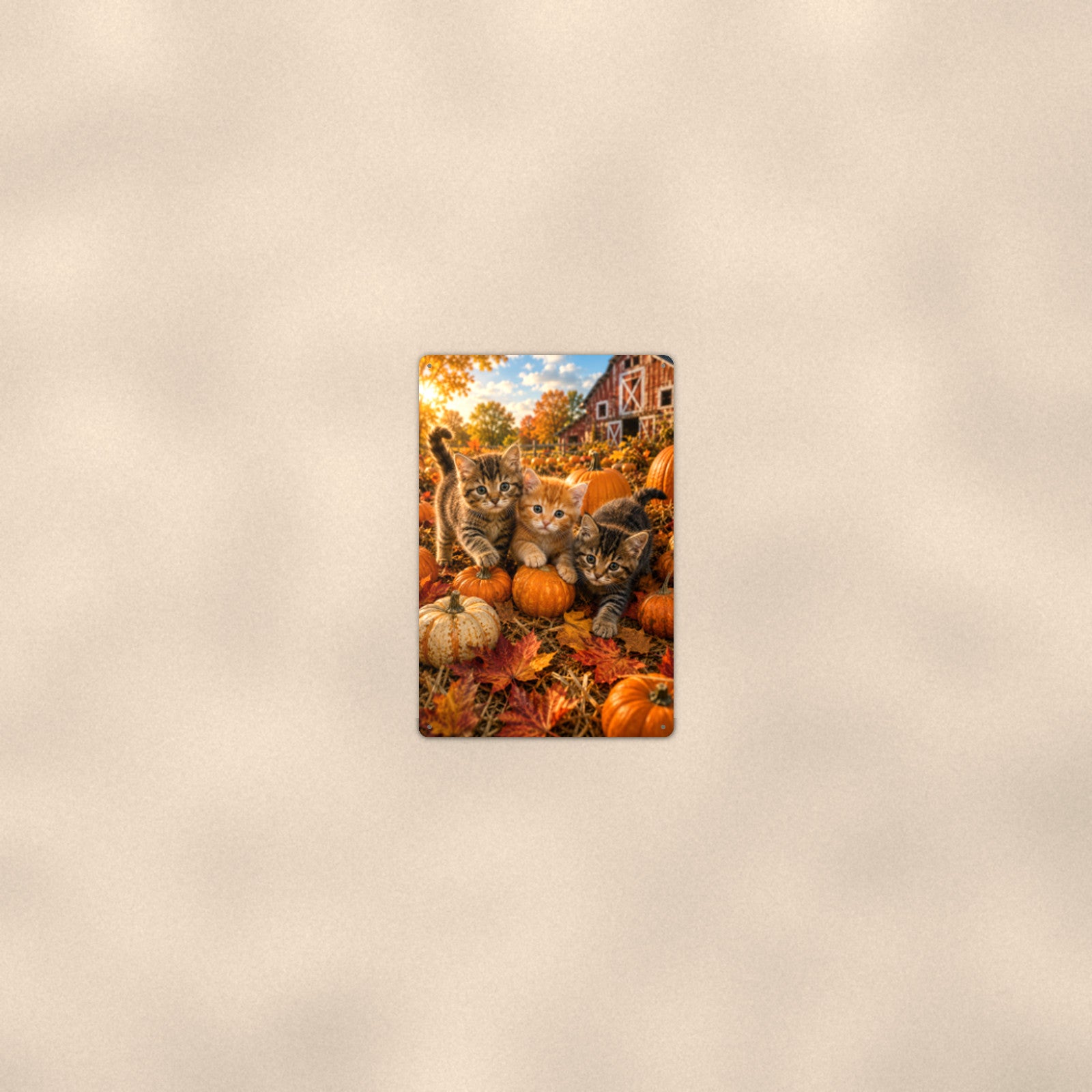 Pumpkin Patch Kittens aluminum metal sign 8" x 12" - room view on warm wall