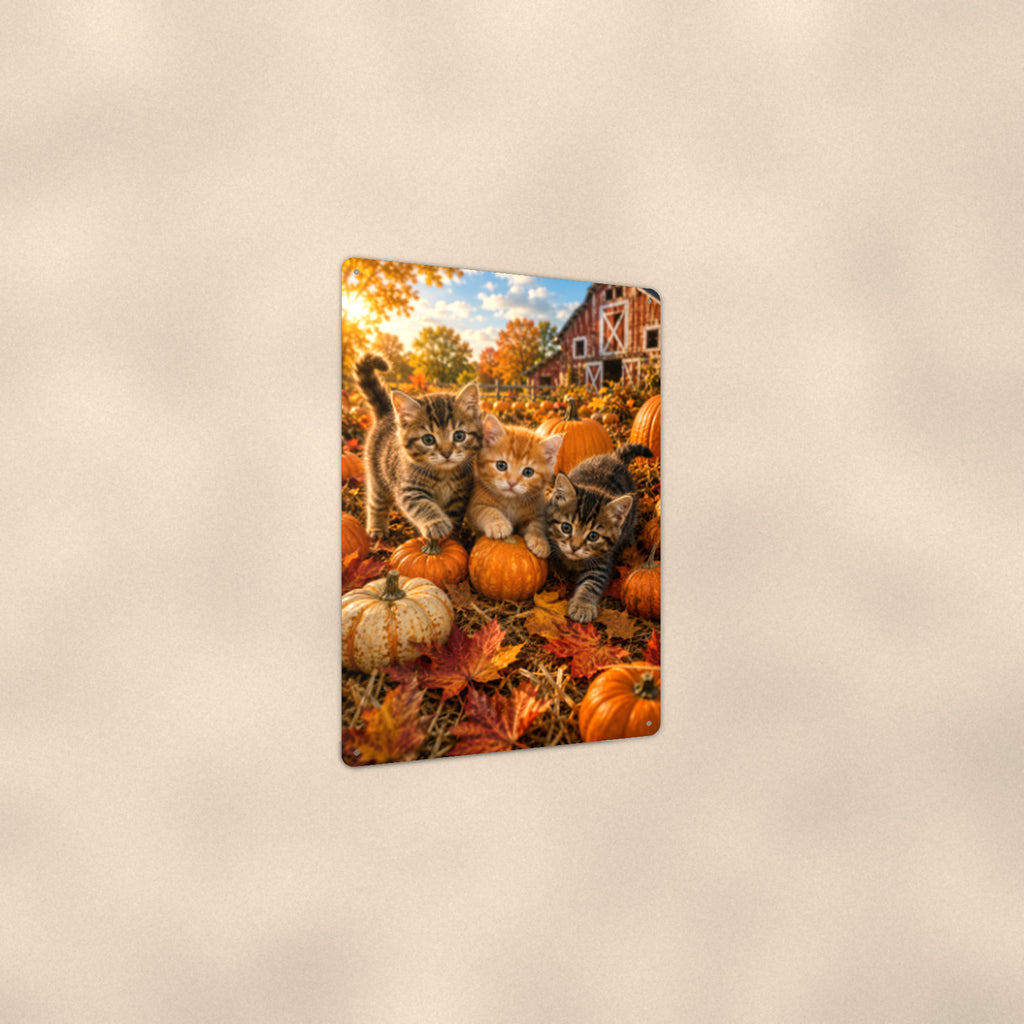 Pumpkin Patch Kittens aluminum metal sign 8" x 12" - angled view showing glossy finish