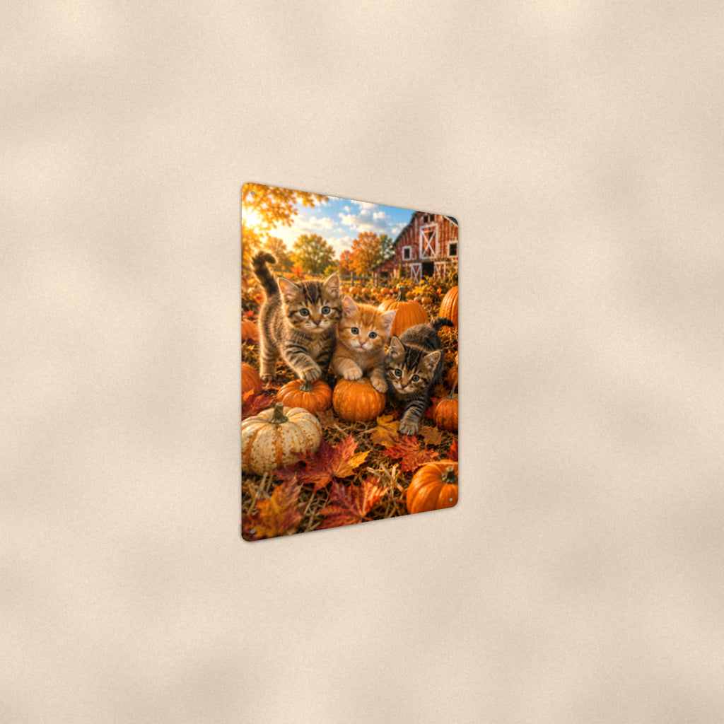 Pumpkin Patch Kittens aluminum metal sign 8" x 12" - angled wall view from a wider angle