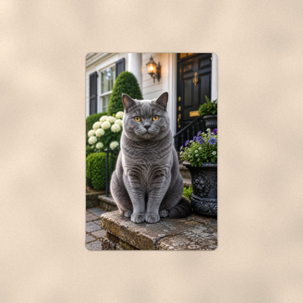 British Shorthair on the Doorstep aluminum metal sign 8" x 12" - front view on warm wall