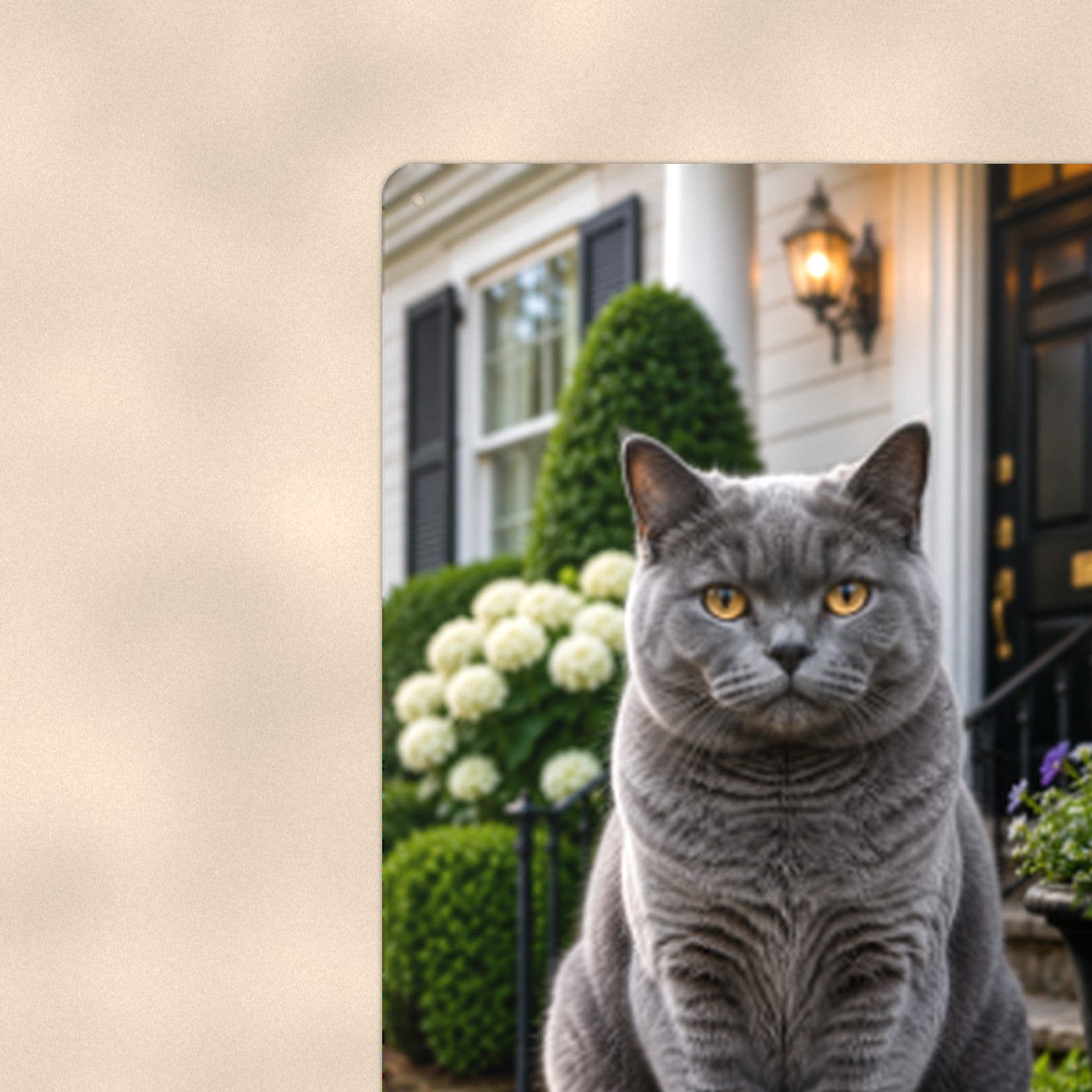British Shorthair on the Doorstep aluminum metal sign 8" x 12" - close-up view of the printed artwork