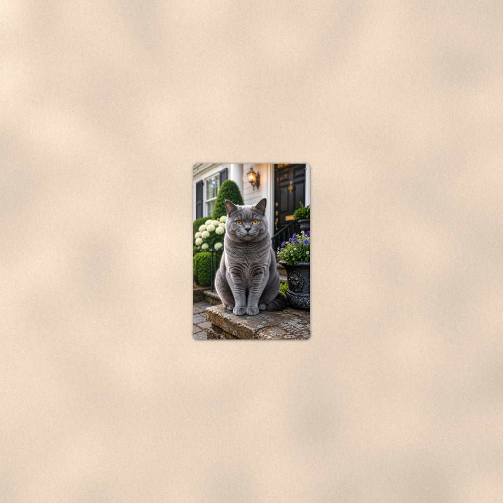 British Shorthair on the Doorstep aluminum metal sign 8" x 12" - room view on warm wall