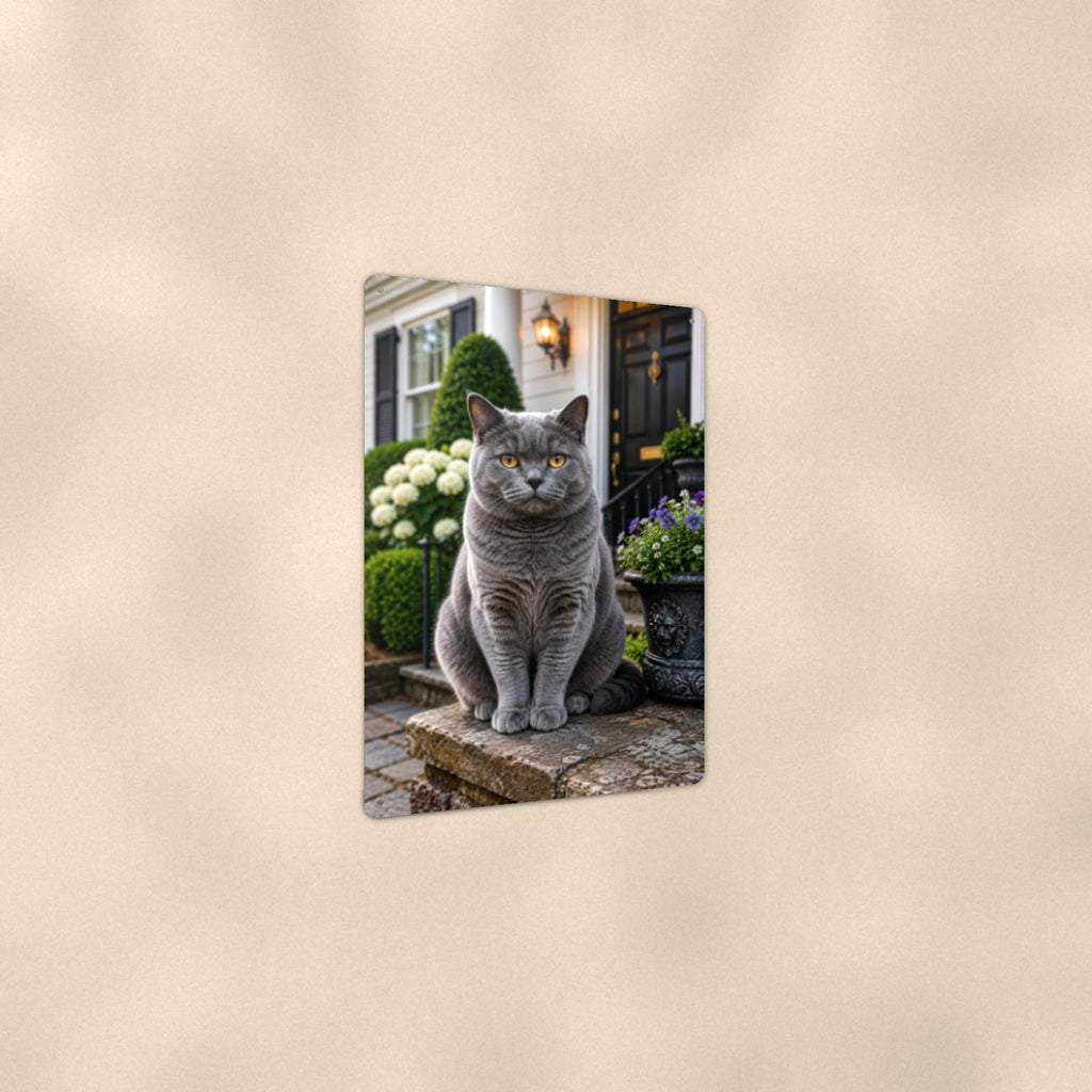 British Shorthair on the Doorstep aluminum metal sign 8" x 12" - angled view showing glossy finish