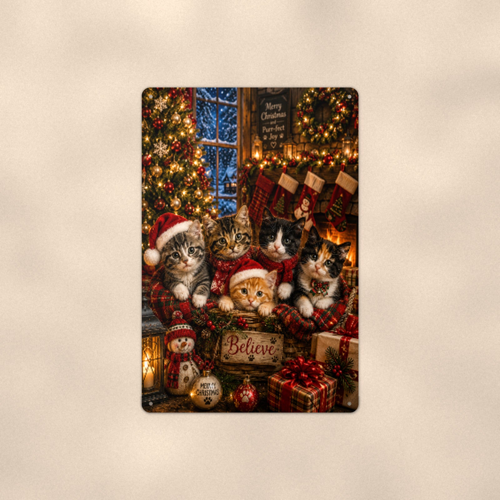 Christmas Kittens by the Tree aluminum metal sign 8" x 12" - front view on warm wall